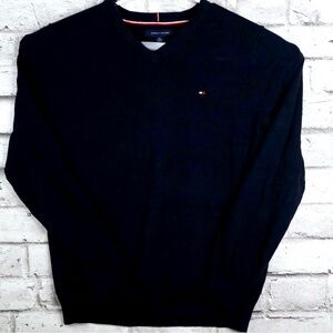 Tommy Hilfiger Long Sleeve V Neck Sweater Men’s XL Navy Blue Logo Pullover